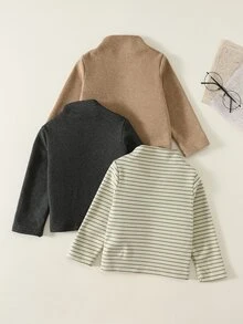 SHEIN 3件組嬰兒男孩女孩適用 針織柔軟小立領長袖百搭舒適套頭上衣 內層保暖加絨 秋冬款 - 彩色 - 查看 2