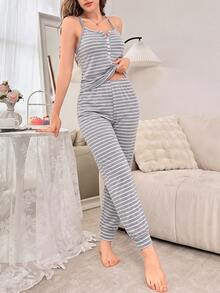 SHEIN 女款休閒條紋印花前開鈕扣背心長褲家居服套裝 - 彩色 - 查看 3