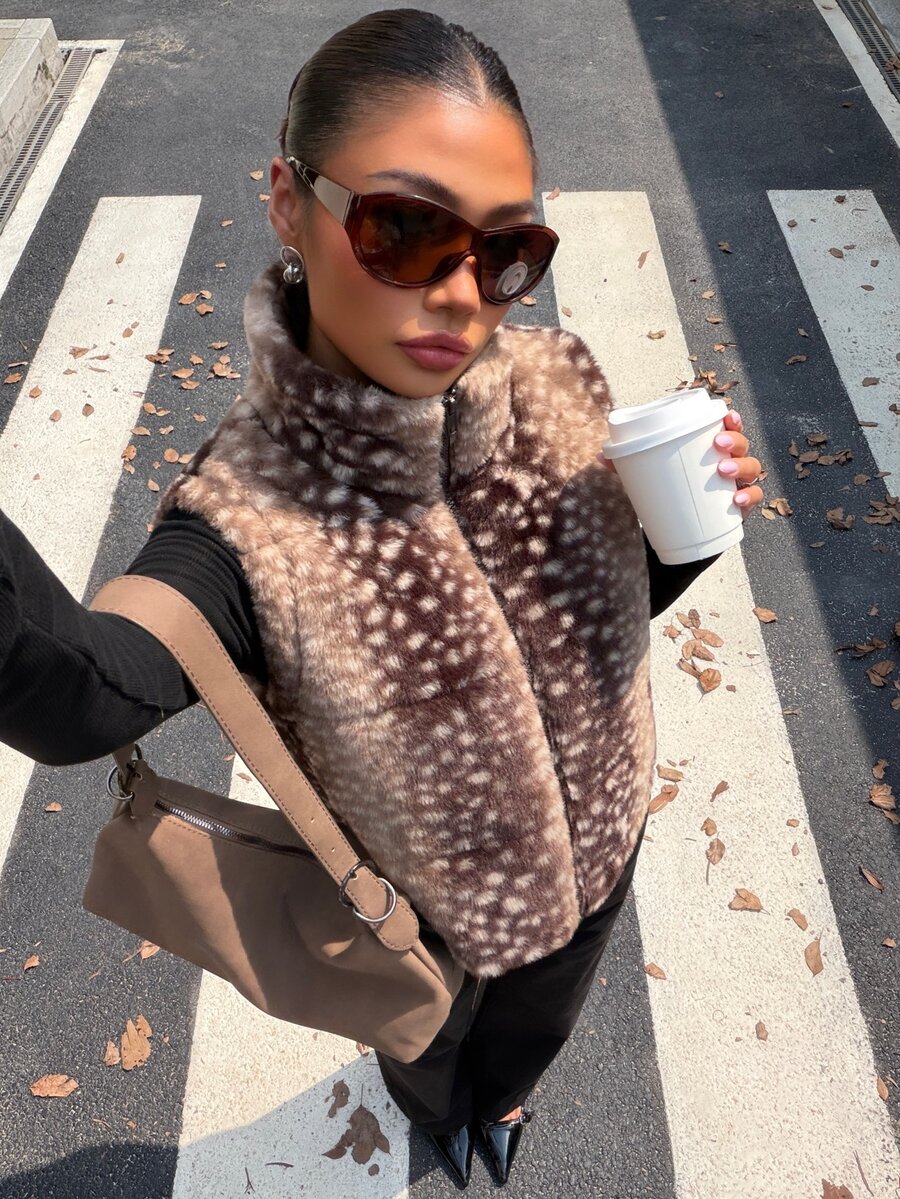 Muchica Leopard Print Fuzzy Women's Padded Coat Deer Patterned Faux Fur Fall/Winter Y2k Vintage Renaissance Christmas Festival New Year Keep Warm - Brown - View 1