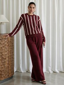 Modelyn Women's Colorblock Design Spotted Striped Autumn/Winter Long Sleeve Sweater 2 Pieces Set - Burgundy - View 7