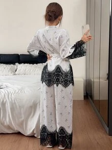 Napfluff Women's Bowknot Polka Dot Print Loose Comfortable Long Sleeve Pajama Set With Lace Trim, Suitable For All Seasons - White - View 2