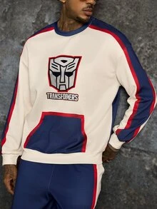 Transformers X SHEIN طقم كاجوال يومي للرجال مكون من سويت شيرت بأكمام طويلة مطبوع عليه حروف وبنطلون رياضي - كاكي - مشاهدة 5