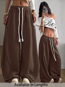 SHEIN Tall CURVE 大尺碼女款街頭風外出套裝 彈性腰頭 舒適灰色 秋季 - 咖啡棕 - 查看 1