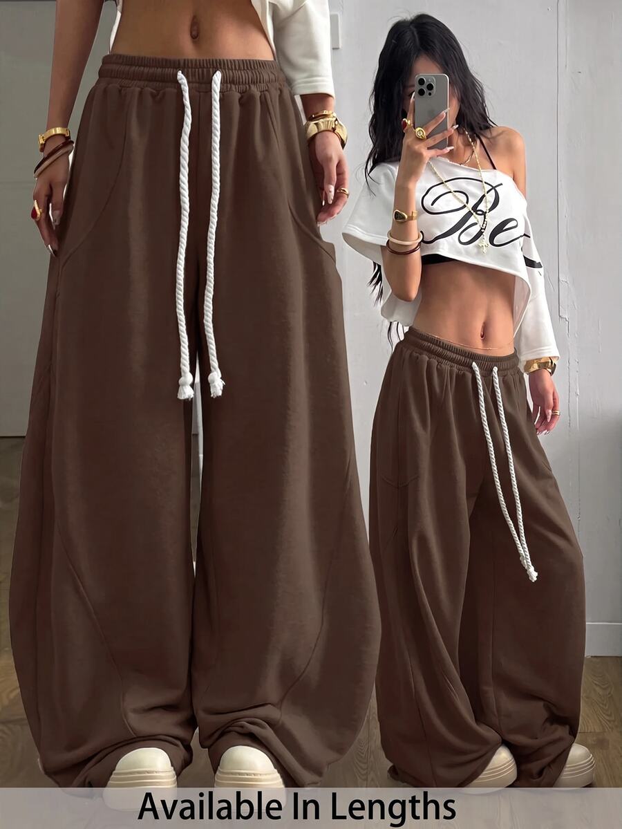 SHEIN Tall CURVE 大尺碼女款街頭風外出套裝 彈性腰頭 舒適灰色 秋季 - 咖啡棕 - 查看 1