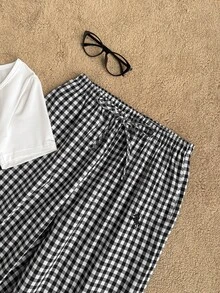 Tseoso Women's Knight Embroidery Short Sleeve T-Shirt And Plaid Long Pants Casual Preppy 2 Pieces Set Everyday School White Black And White Summer - Black and White - View 7
