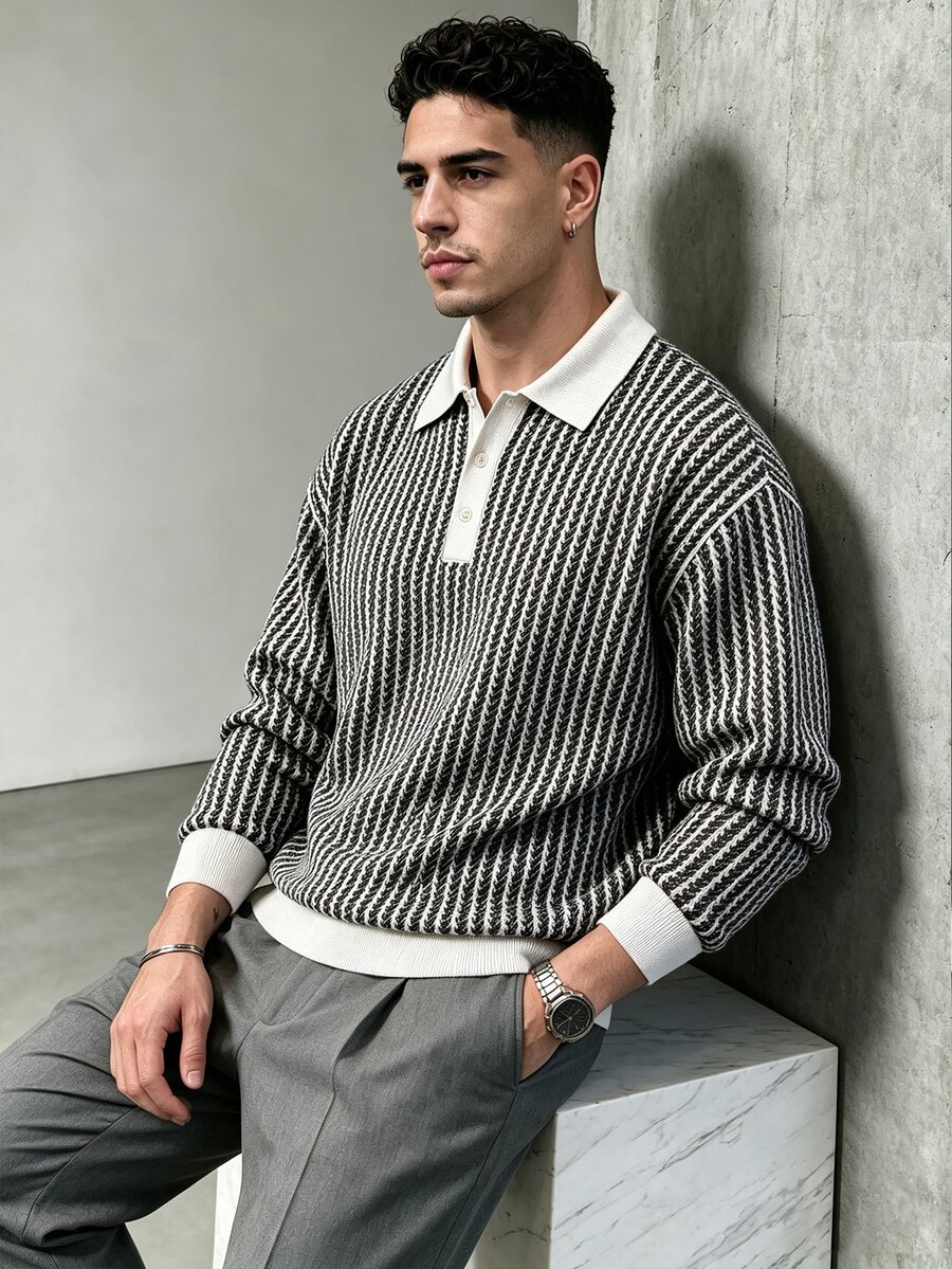 TONEVAULT Men's Striped Polo Collar Long Sleeve Casual Sweatshirt - Black and White - View 1