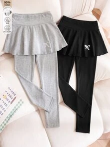 SHEIN Tween女孩秋冬休閒百搭芭蕾運動蝴蝶結裙褲套裝，2件組 - 彩色 - 查看 3