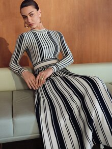 MOTF PREMIUM WOMEN'S AUTUMN/WINTER MINIMALIST ELEGANT COMMUTER CASUAL DATE KNIT SWEATER DRESS, ELASTIC FABRIC, ROUND NECK, LONG SLEEVE, HIGH WAIST, CINCHED WAIST, FLARED HEM, BLACK & BEIGE VERTICAL STRIPES - Multicolor - View 5