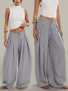SHEIN Tall Apricot Striped Wide-Leg Trousers For Tall Women – Stylish, Casual, And Suitable For Work. - Navy Blue - View 1