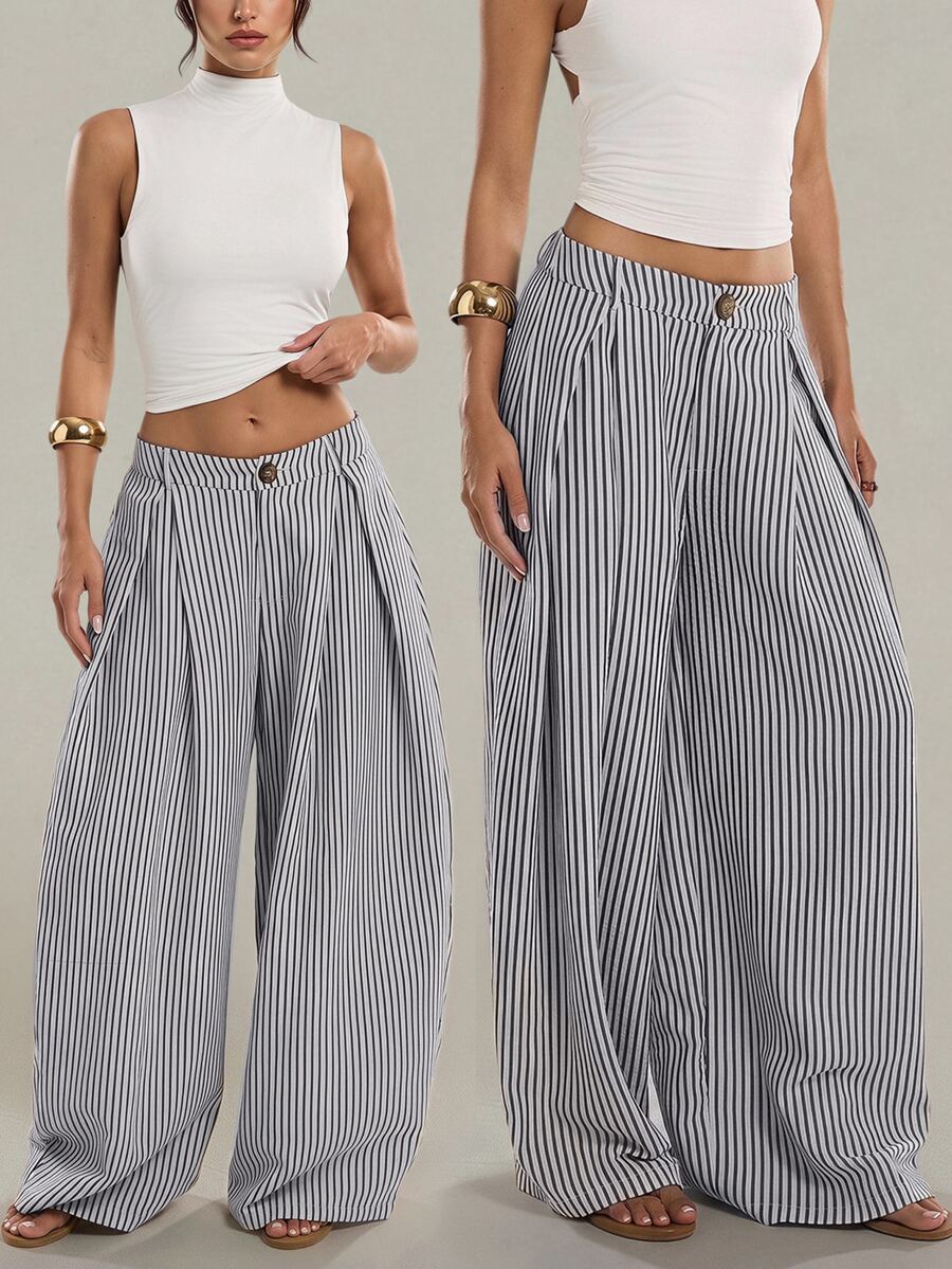SHEIN Tall Apricot Striped Wide-Leg Trousers For Tall Women – Stylish, Casual, And Suitable For Work. - Navy Blue - View 1