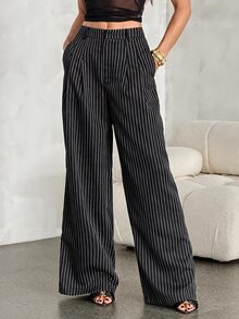 SHEIN Tall 女款韓式條紋口袋寬鬆長褲，適合商務辦公 - 黑色 - 查看 4