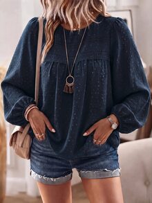 SHEIN Holidaya 女款休閒優雅極簡紋理布料圓領長袖上衣，秋冬春季度假T恤 - 藏蓝色 - 查看 6