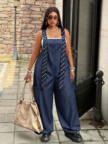 Maweii Plus Size Khaki Striped Adjustable Strap Loose Wide Leg Cargo Overalls, Y2K, Utility Style, Casual Daily Wear, Comfortable Fall - Multicolor - View 5
