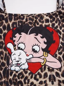 Betty Boop x SHEIN Plus Size Hot Girl Cartoon Pattern Leopard Print Tank Top - Brown - View 5