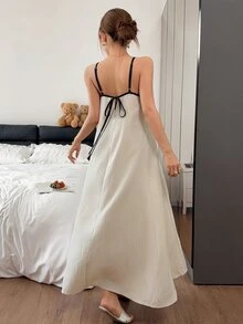 Napfluff Solid Color Casual Loose Contrast Color Spaghetti Strap Women's Loungewear Dress - Apricot - View 2