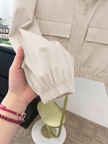 SHEIN 青少年女孩編織素色貼袋短版寬鬆休閒連帽外套，秋冬款，度假風 - 杏色 - 查看 4