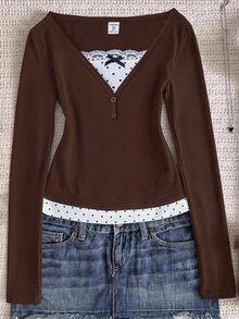 Tween Girl 少女秋季新款棕色拼接波點圖案蕾絲飾邊 2合1休閒甜美長袖T恤 - 棕色 - 查看 1