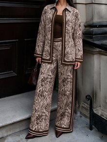 Modelyn 女款長袖鈕扣式梭織數位印花休閒通勤上衣與直筒長褲兩件套 - 彩色 - 查看 8