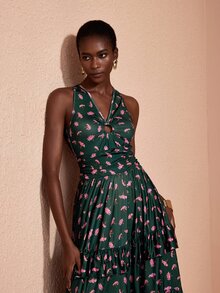 JIAN LASALA Knit Sleeveless O-Ring Halter Neckline Multi Ruffle Layers Ruched Long Dress Elegant - Multicolor - View 7