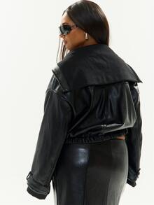 MUSERA Black PU Leather Funnel Neck Wide Sleeve Jacket Casual Cool Basic Fall Winter Autumn - Black - View 4