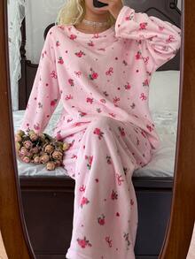 CottageSlumber Floral Bow Print Flannel Soft & Cozy Long Sleeve Pants Pajama Set - Pink - View 2