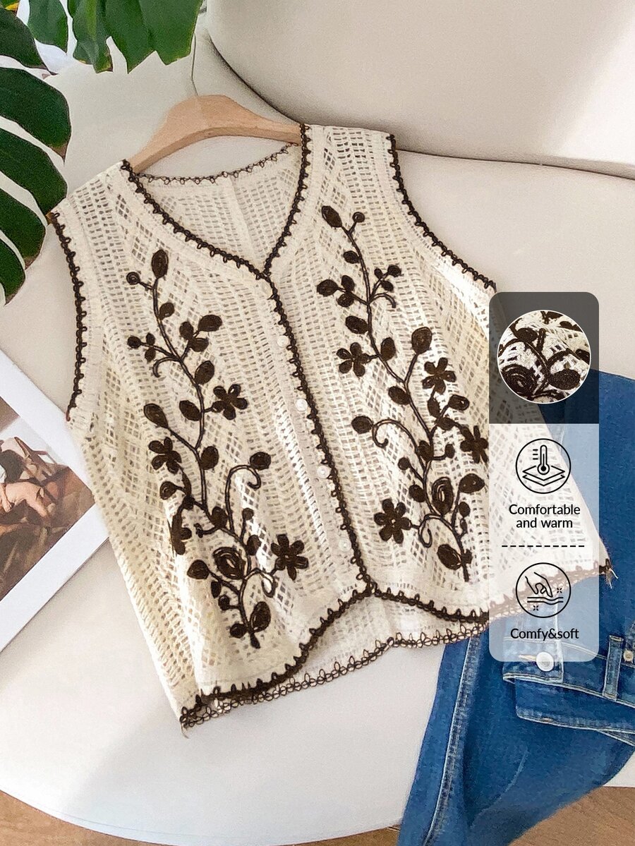 CosyJoli Plus Size Summer Embroidered Knit Cardigan Vest - Coffee Brown - View 1