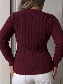 SHEIN EZwear Plus Size Vintage Fashion Embroidered Long Sleeve Pullover Sweater - Burgundy - View 2