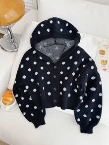 SHEIN 女童時尚休閒清新短版黑白波點秋冬連帽長袖針織開襟毛衣，柔軟舒適，適合日常穿著、外出、旅行、度假、育兒及各種場合，亦適用於秋冬季節、聖誕節、萬聖節、開學季、派對等場合，春夏秋冬百搭衣物 - 黑色 - 查看 6