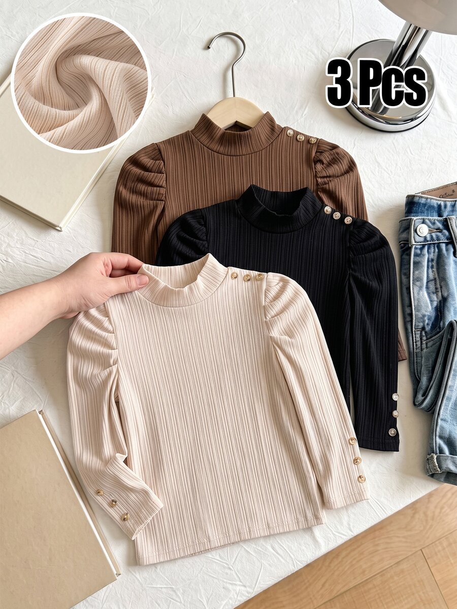 Genkimix Kids 3pcs Girls Toddler High Neck Ribbed Knit T-Shirts, Decorative Button Soft Tops - Multicolor - View 1