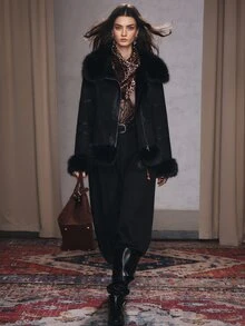 Anewsta Women Faux Shearling Jacket With Faux Fur Collar, Belted Waist & Asymmetric Zip - Black - View 6