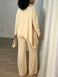 INAWLY Solva Women's Solid Color Stand Collar Long Sleeve Top And Pants Casual Daily 2 Pieces Set - Apricot - View 5