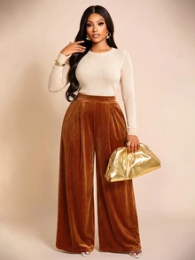 Brilight Wide Leg Pants Front Pleated Split Flowy Palazzo Trousers For Autumn Commute Dinner Party Streetwear - Gold - View 8