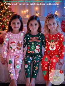 Young Girls Pajamas, New Autumn/Winter Christmas Element Hot-Selling Style, UV Light Glow-In-The-Dark Christmas Deer Head, Snowflake, Christmas Tree, Bell Combination Pattern, Round Neck High Elastic Top And All-Over Print Long Pants 2 Pieces Set, Snug Fit, 1 Set - Multicolor - View 1