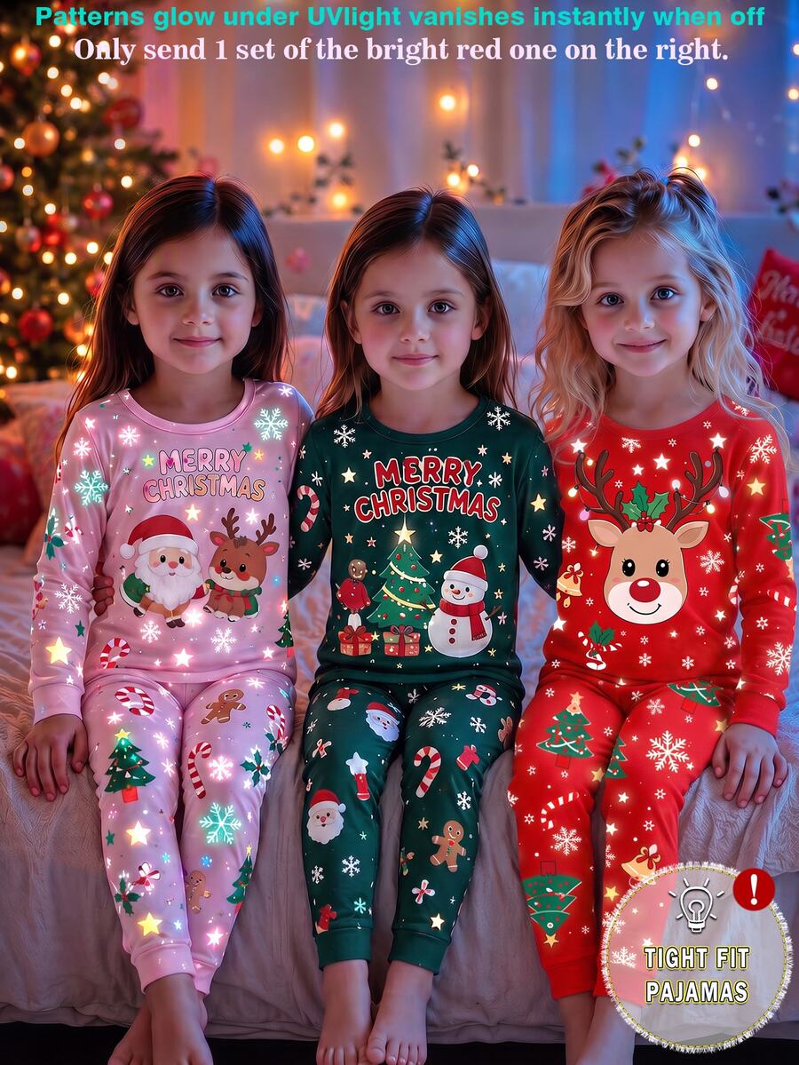 Young Girls Pajamas, New Autumn/Winter Christmas Element Hot-Selling Style, UV Light Glow-In-The-Dark Christmas Deer Head, Snowflake, Christmas Tree, Bell Combination Pattern, Round Neck High Elastic Top And All-Over Print Long Pants 2 Pieces Set, Snug Fit, 1 Set - Multicolor - View 1