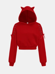 SHEIN Girlism 兒童青少年女孩秋冬萬聖節時尚街頭風黑色貓耳連帽長袖抽繩套頭運動衫 - 紅色 - 查看 1