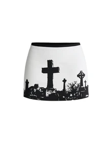 ROMWE Women's Goth Mini Ultra Low Waist Tombstone Dark Personalized Niche Colorblock Black & White Skirt - Black - View 1