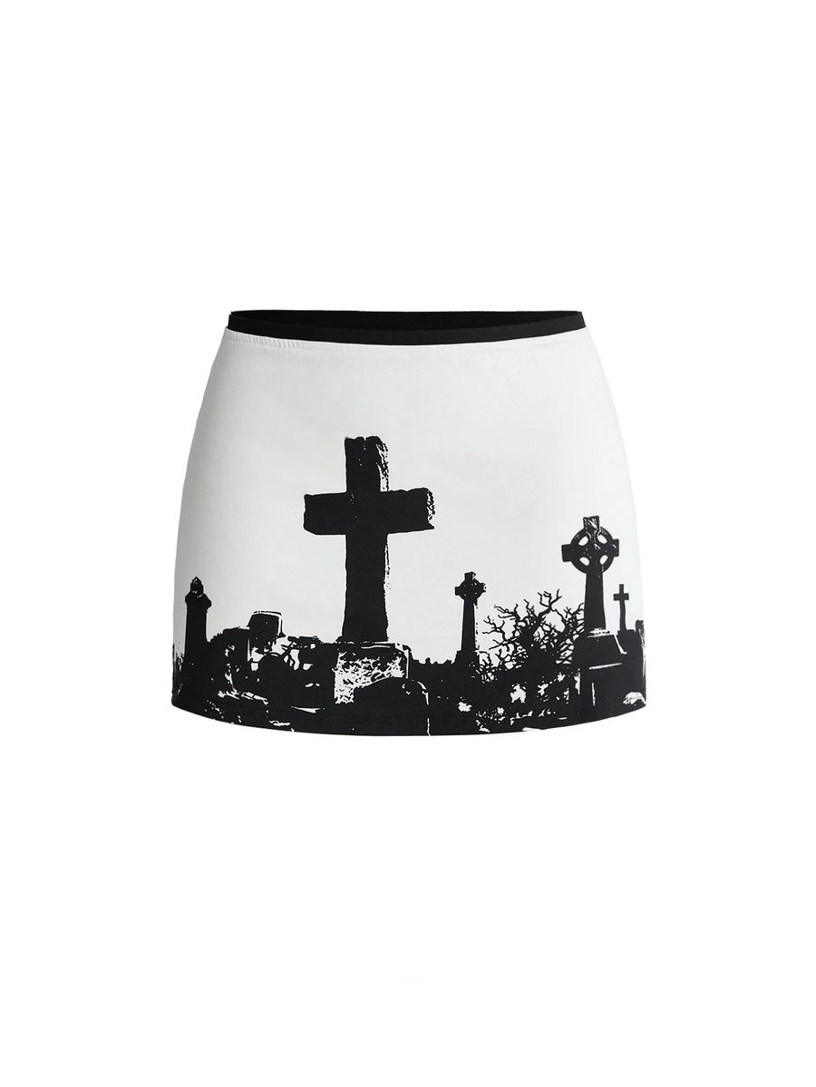 ROMWE Women's Goth Mini Ultra Low Waist Tombstone Dark Personalized Niche Colorblock Black & White Skirt - Black - View 1