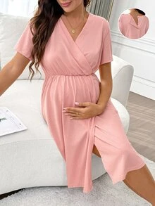 Moonlight&Mama Vestido de maternidad y lactancia cómodo y suave para estar en casa - Rosa vieja - Ver 1