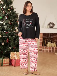 Doze Lane Christmas Fun Letter Print Round Neck Long Sleeve Plus Size Pajama Set - Black - View 2