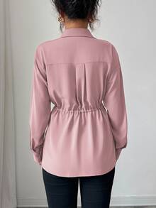 Elenzga 女款春夏秋冬優雅法式風格辦公通勤街頭風職場裝中東度假休閒襯衫領前襟隱藏門襟鈕扣開襟腰部抽繩蝴蝶結長袖襯衫 - 藕粉色 - 查看 2