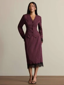 COSMINA Women's V-Neck Striped Long Sleeve Jacket And Skirt Casual Suit Set - Burgundy - View 3