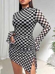 SHEIN EZwear 大尺碼女款格子立領長袖修身時尚洋裝 秋季 - 黑與白 - 查看 3