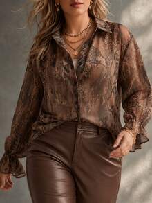 Ceyna Plus Size Lightweight Fabric Snake Print Long Sleeve Shirt - Brown - View 1