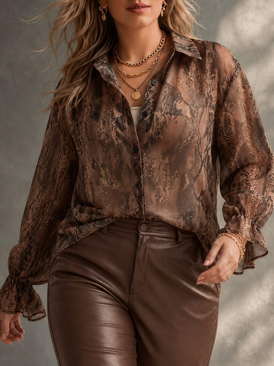 Ceyna Plus Size Lightweight Fabric Snake Print Long Sleeve Shirt - Brown - View 1