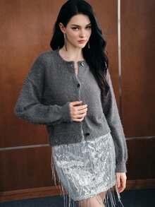 Anewsta Women's Silver Thread Knit Cardigan, Round Neck Fluffy Knit Jacket, Long Sleeve Button Up Sweater, Lazy Autumn Winter Outfit For Commute Date - Dark Grey - View 2