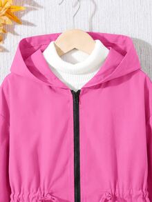 SHEIN 女童小女孩休閒字母裝飾寬鬆文字膠帶連帽口袋中長版派克外套 秋季夾克 - 玫紅色 - 查看 7