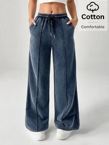 SHEIN PETITE Snow-Washed Women's Drawstring Wide Leg Sweatpants - Blue - View 6