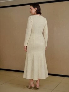 MOTF PREMIUM PLUS SIZE WOMEN'S ELASTIC ELEGANT TEXTURED BUTTON DESIGN MIDI DRESS FALL - Apricot - View 6