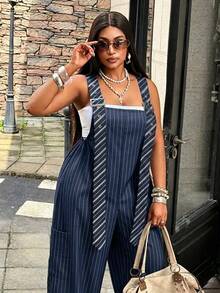 Maweii Plus Size Khaki Striped Adjustable Strap Loose Wide Leg Cargo Overalls, Y2K, Utility Style, Casual Daily Wear, Comfortable Fall - Multicolor - View 2