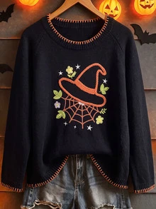 SHEIN LUNE Edisi Terbatas Halloween. Sweater Pullover Ukuran Besar Bordir Bunga - Hitam - View 6